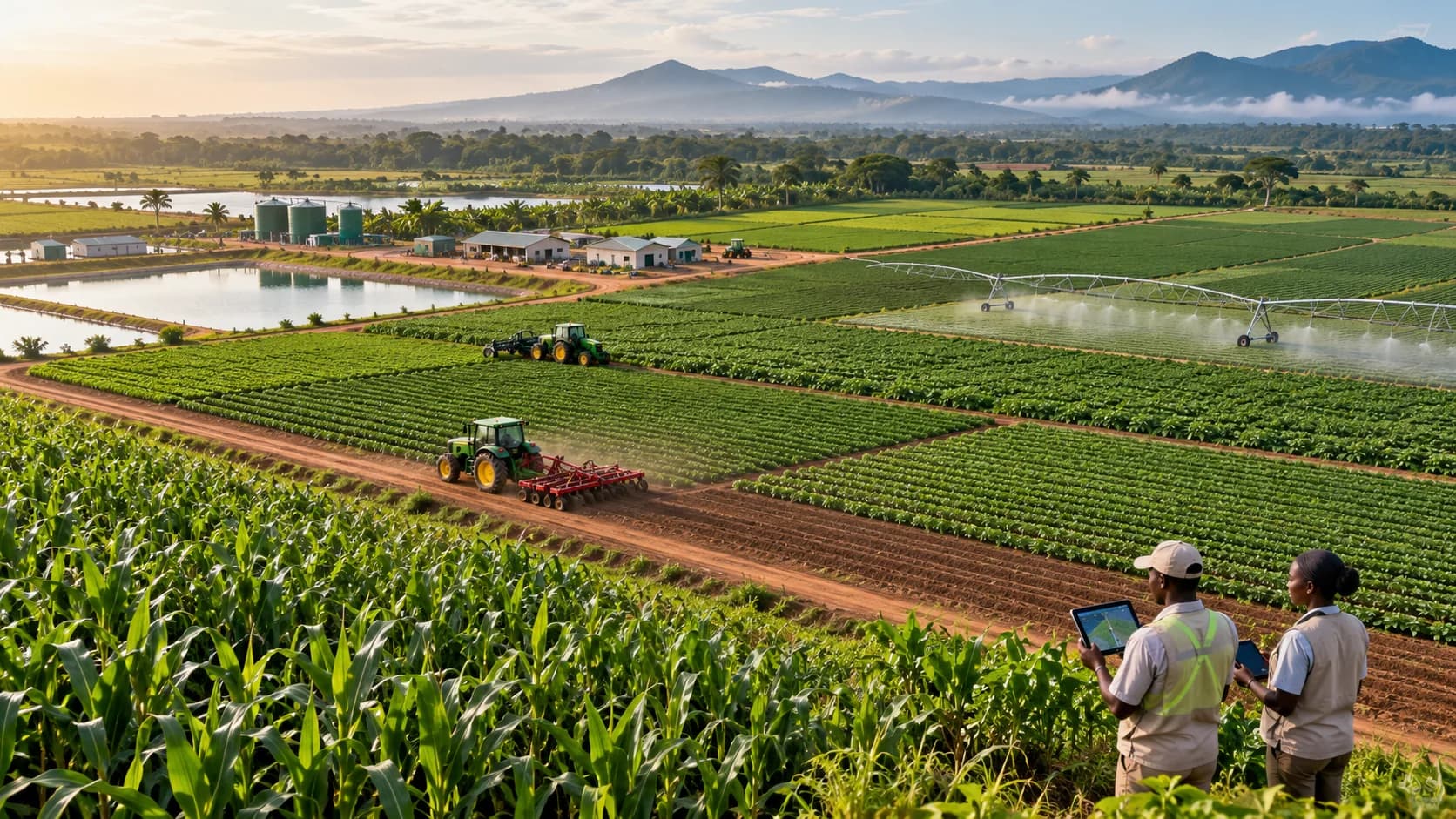 Illustration conceptuelle d’une agriculture mécanisée moderne avec irrigation