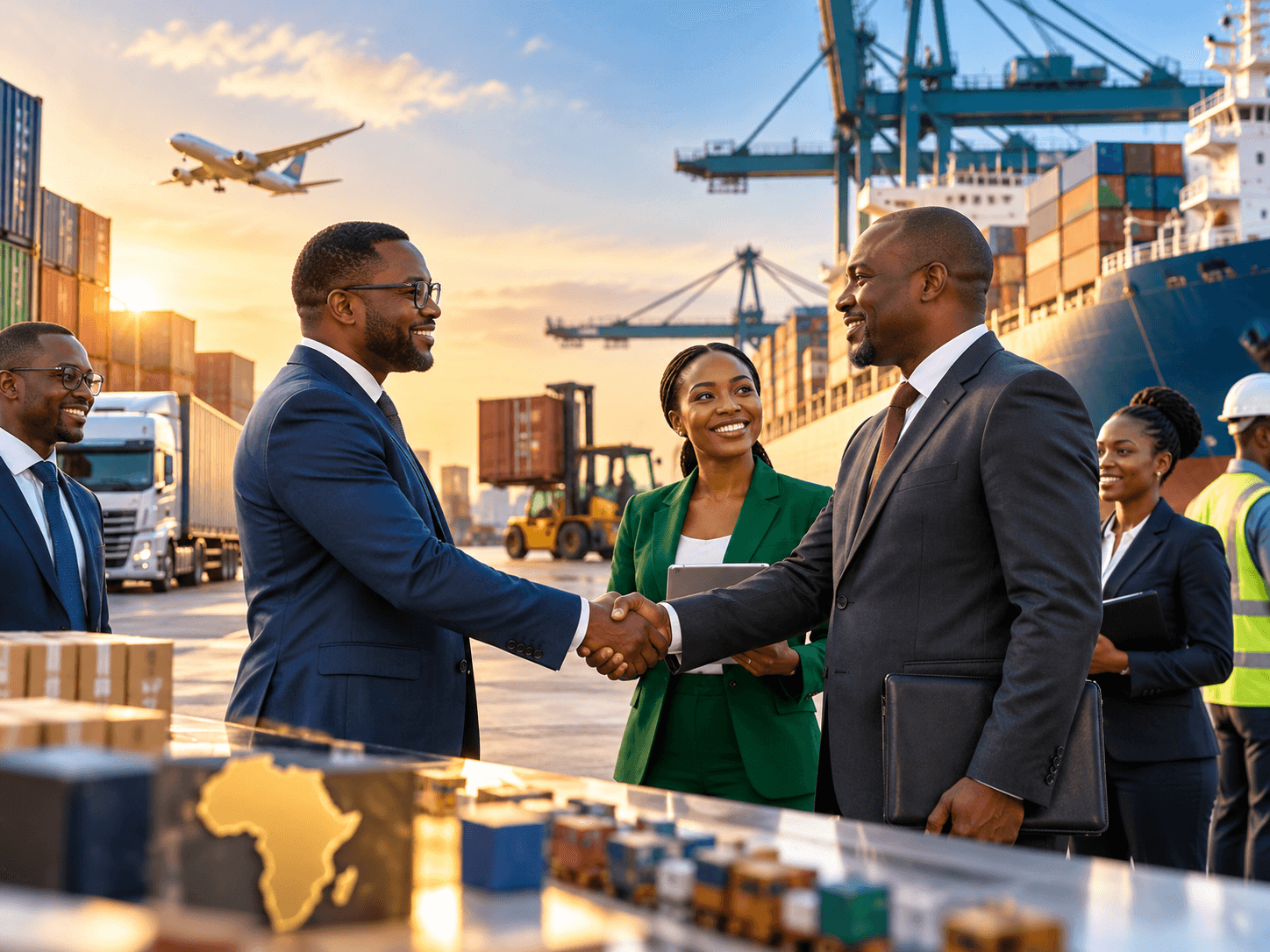 Partenaires commerciaux concluant un accord dans un port africain